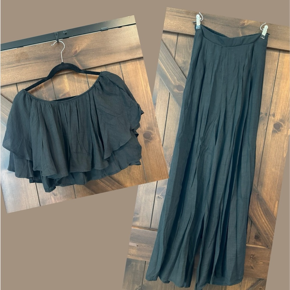Black Off-Shoulder Ruffle Shirt and Pant Set Vacation Spring Break!